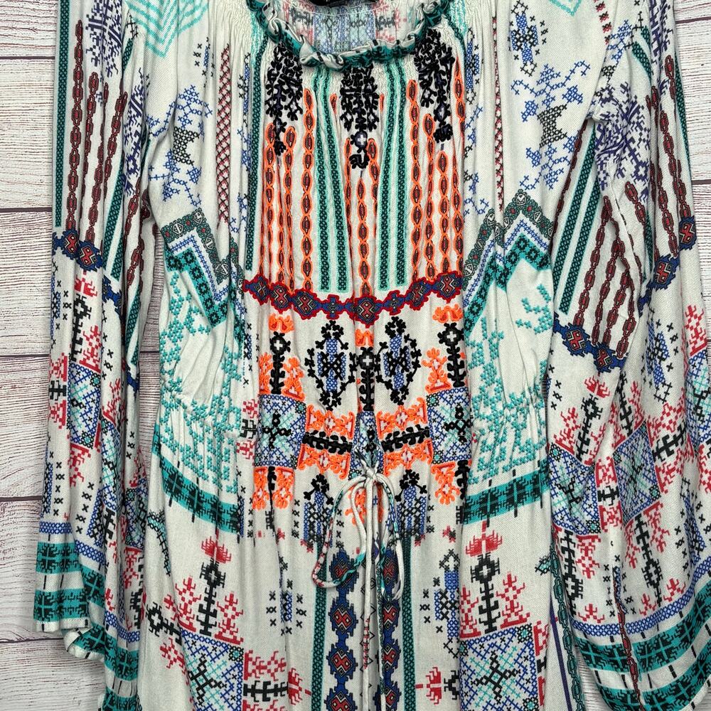 Hemant & Nandita Boho Off Sholder Embroidered Tassel Smocked Mini Dress Medium - Picture 8 of 15